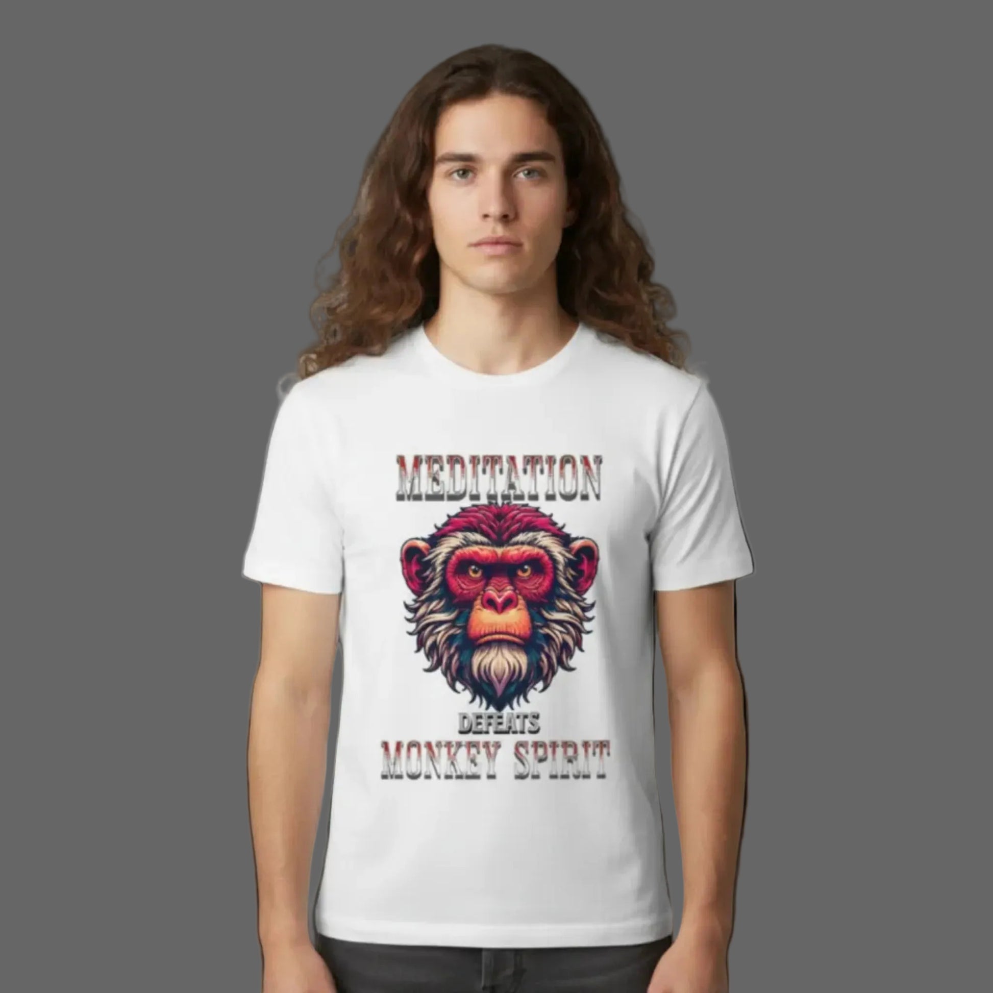  Toripros STILLE Kollektion – MEDITATION defeats MONKEY SPIRIT Premium T-Shirt in Weiß, modernes Streetwear-Design mit starkem Statemen